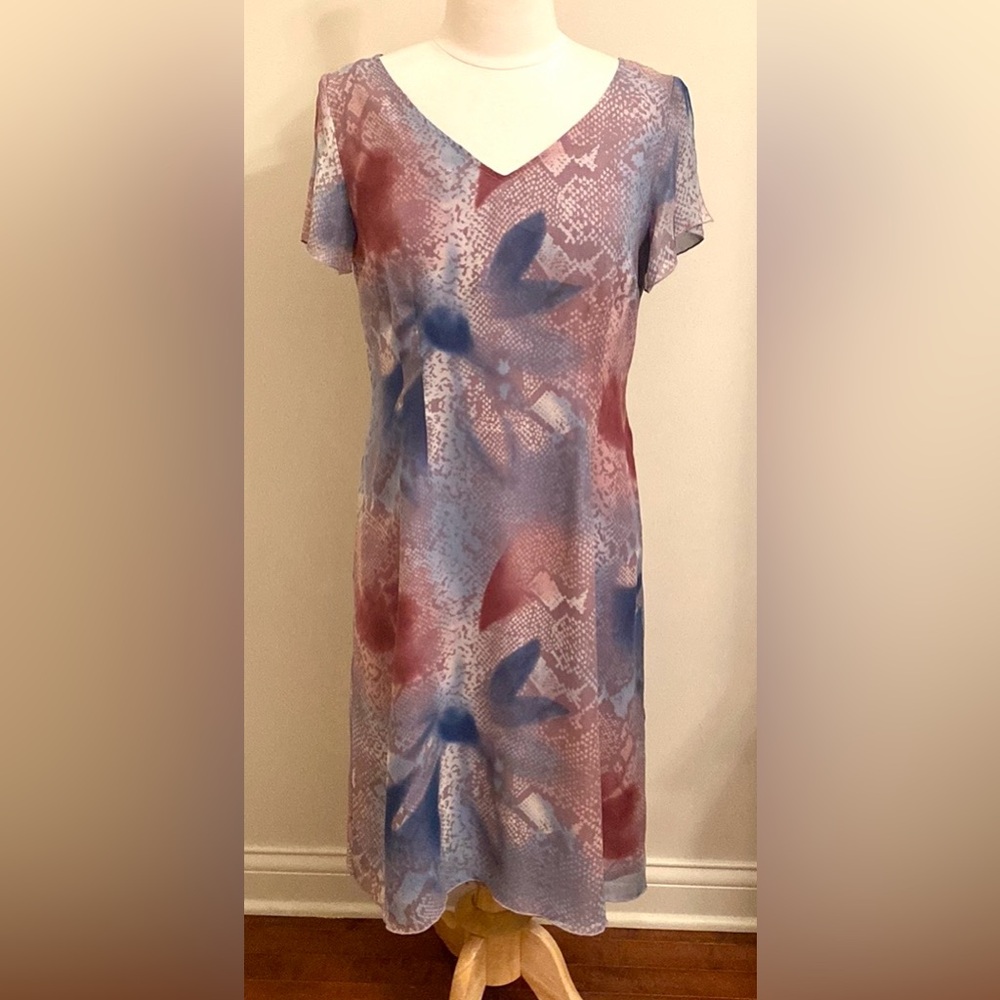 Tess Dress Purple Blue Snakeskin Split Flutter Sleeves 100% Silk Lined Dress XS